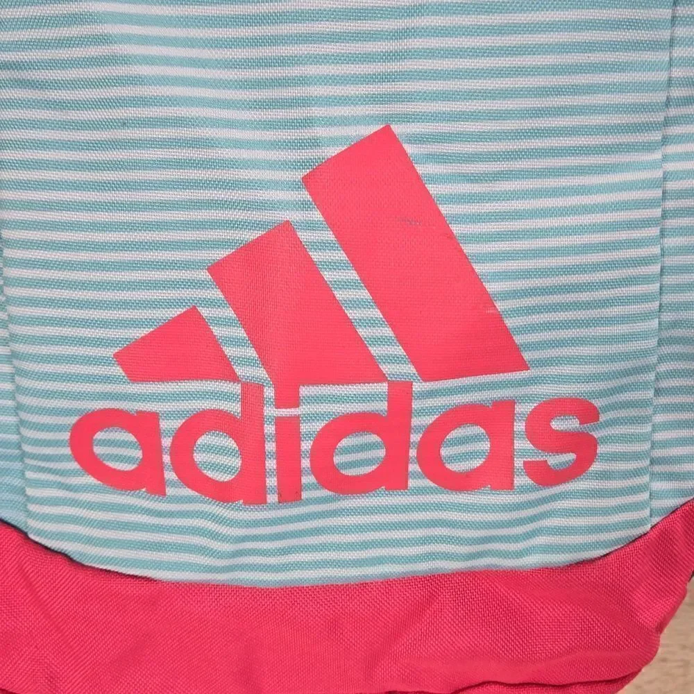 ADIDAS BTS CREATOR TURQUOISE AND WHITE STRIPED WITH PINK TRIM YOUTH BACKPACK